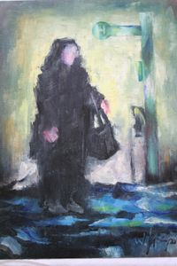 Frau an der Bushaltestelle im Regen 1996